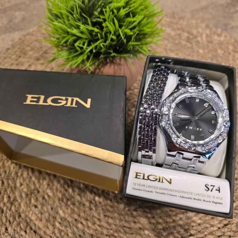 Men's Elgin Crystal Accented Watch and Bracelet Set